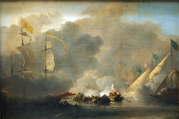 《第二次维尔德海战》威廉·范德费尔德二世(Willem van de Velde II)画作-Seeschlacht Solebay