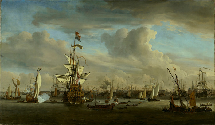 《阿姆斯特丹冰岛黄金狮》威廉·范德费尔德二世(Willem van de Velde II)画作-De Gouden Leeuw op het IJ voor Amsterdam