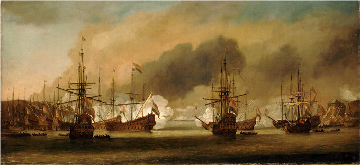 《卑尔根行动》威廉·范德费尔德二世(Willem van de Velde II)画作-Action at Bergen, 3 August