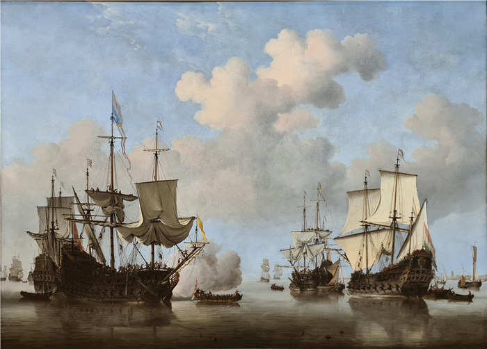 《华莱士藏馆 二世威廉·范德韦尔德 船舰礼炮射击》画作-Wallace Collection Willem van de Velde II Schiff-Salutschiessen