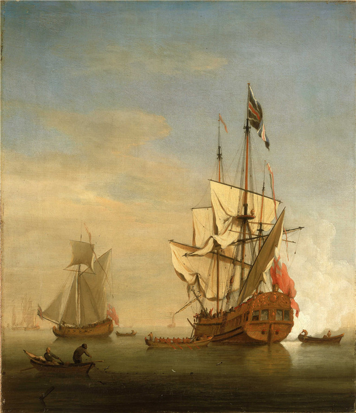 一艘英国六级战舰在驳船离开时鸣炮致敬An English Sixth-Rate Ship Firing a Salute As a Barge Leaves