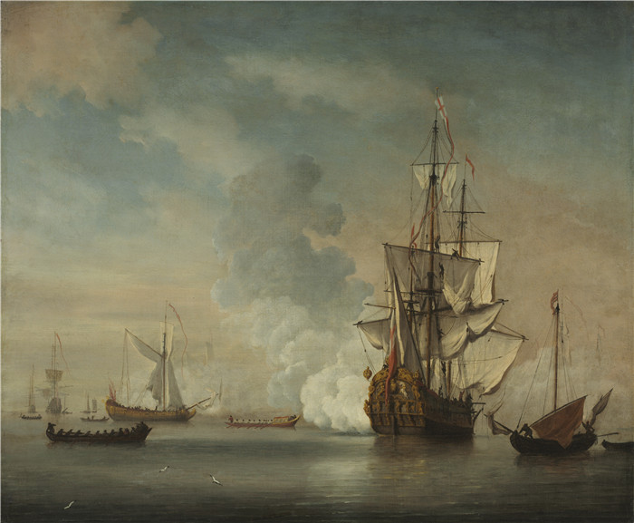 《英国战舰鸣枪致敬》威廉·范德费尔德二世(Willem van de Velde II)画作-English Warship Firing a Salute
