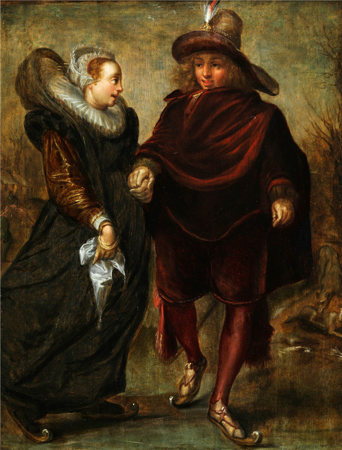 阿德里安·范德文内(Adriaen van de Venne)油画-优雅的情侣滑冰Elegant couple ice-skating