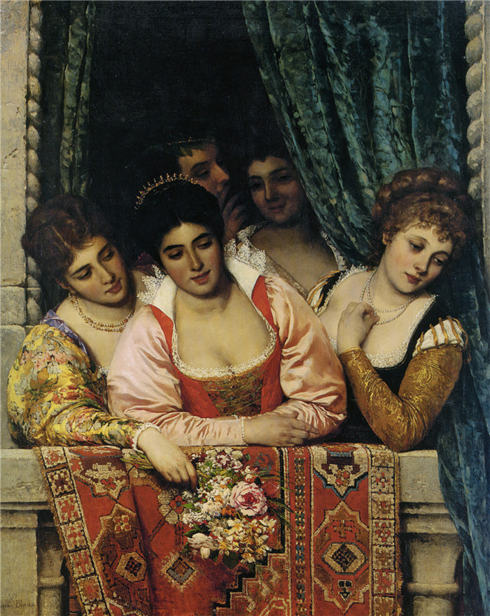 《阳台上的女士们》欧根·冯·布拉斯（Eugen von Blaas）作品-Ladies on a Balcony (1875)