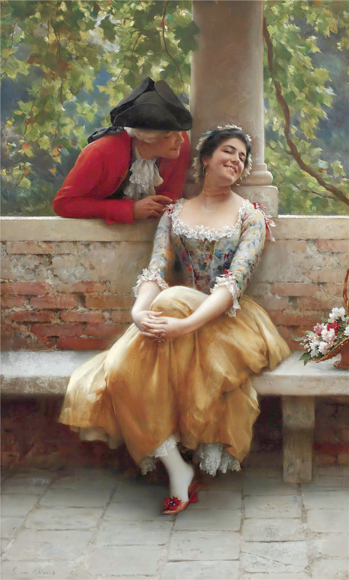 《调情》欧根·冯·布拉斯(Eugen von Blaas)作品-The flirtation