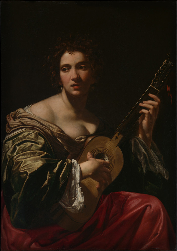 《女子弹奏吉他》西蒙·沃特(Simon Vouet)画作-Woman Playing a Guitar