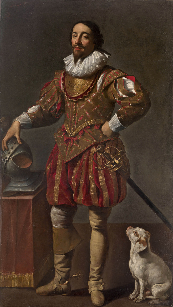 《一位绅士与其爱犬的肖像》西蒙·沃特(Simon Vouet)画作- Portrait of a gentleman with his dog