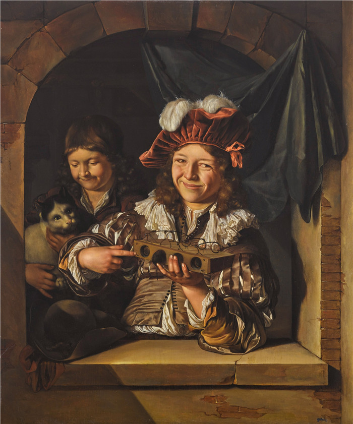 两个男孩拿着捕鼠器 Two boys with a mousetrap and a cat at a window