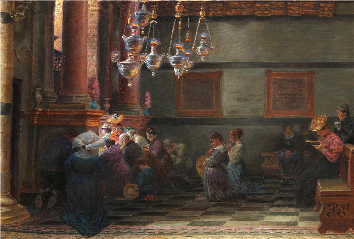 克里斯蒂安·扎尔特曼(Kristian Zahrtmann)高清作品-虔诚Andagt. Domkirken i Siena - 1897