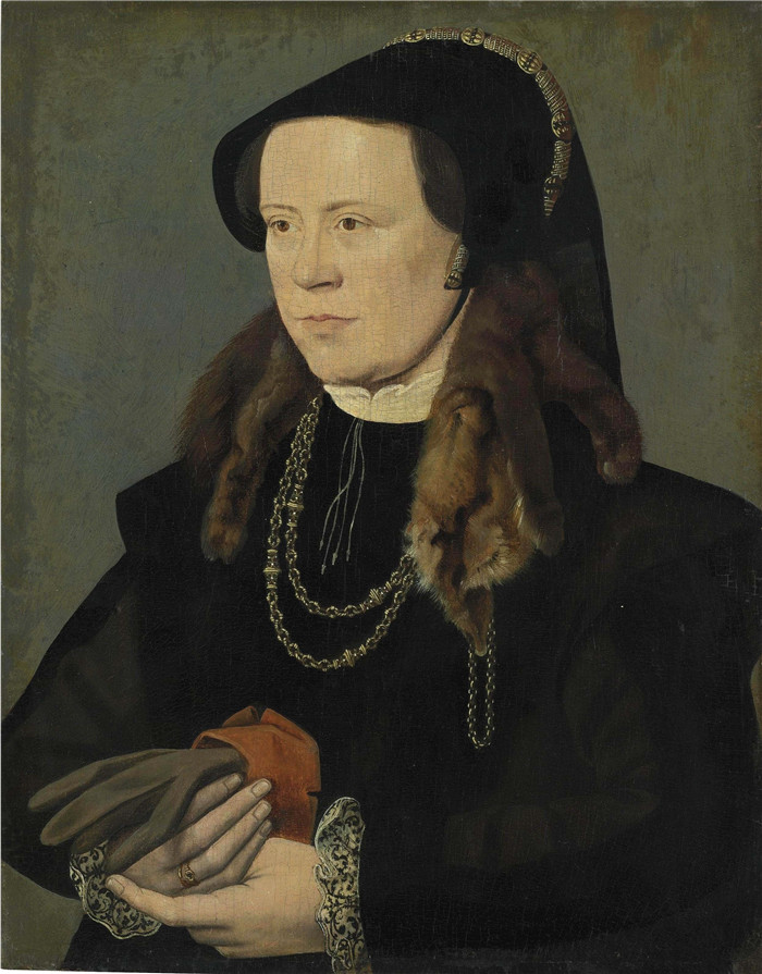 《身着黑衣的女士与皮草肖像》威廉·斯克罗茨（William Scrots）肖像画-Portrait of a Lady in Black with a Fur