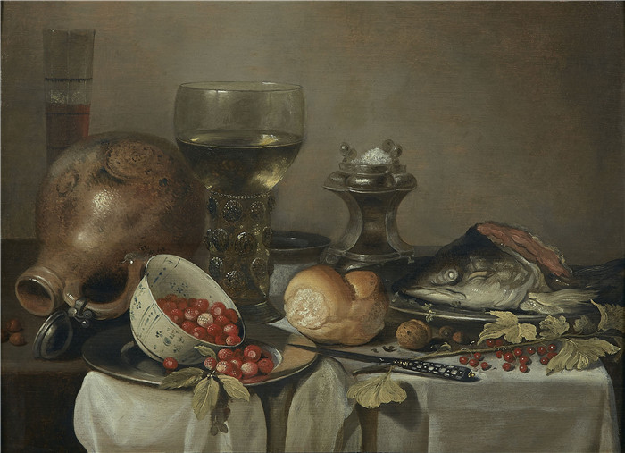 《草莓、罗马杯、鱼头与盐罐》彼得·克拉斯（Pieter Claesz）的画作-Bol de fraises, römer, tête de poisson et salière