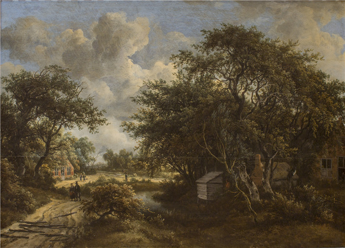 梅德特（Meindert Hobbema）油画-树中的村庄 A Village among Trees