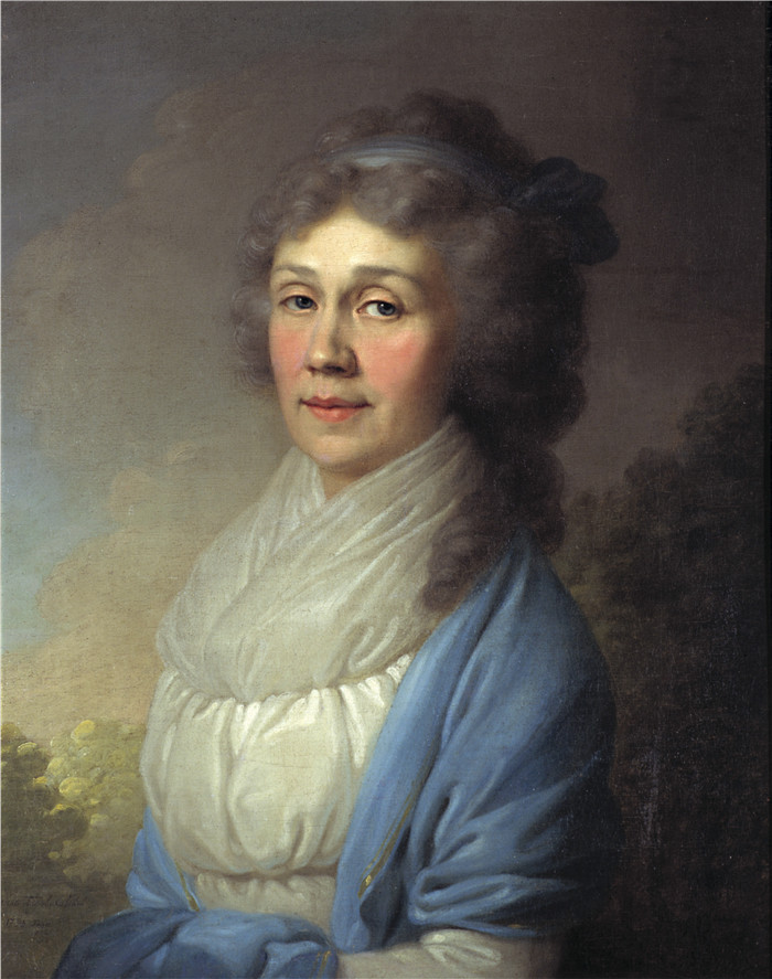 弗拉基米尔·博罗维科夫斯基(Vladimir Borovikovsky)画作-戴蓝色披肩的女人