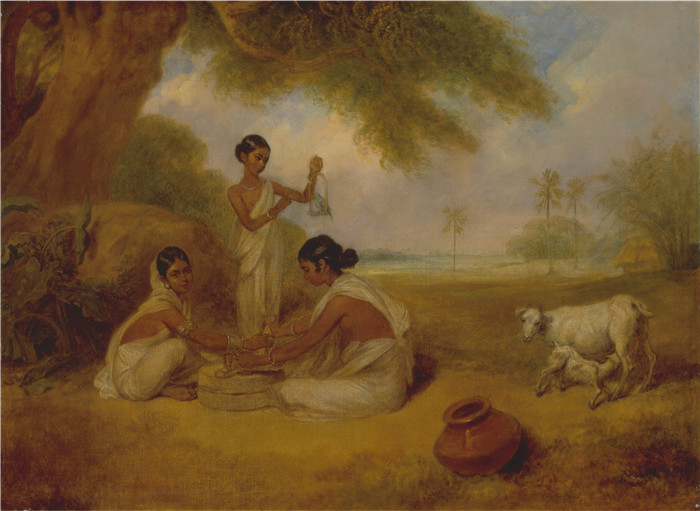 亚瑟·威廉·德维斯(Arthur William Devis)画作-磨玉米Grinding Corn