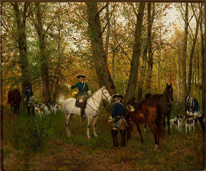 马克西米利安·吉尔姆斯基(Maksymilian Gierymski)作品-在狩猎中休息 Resting on a hunt