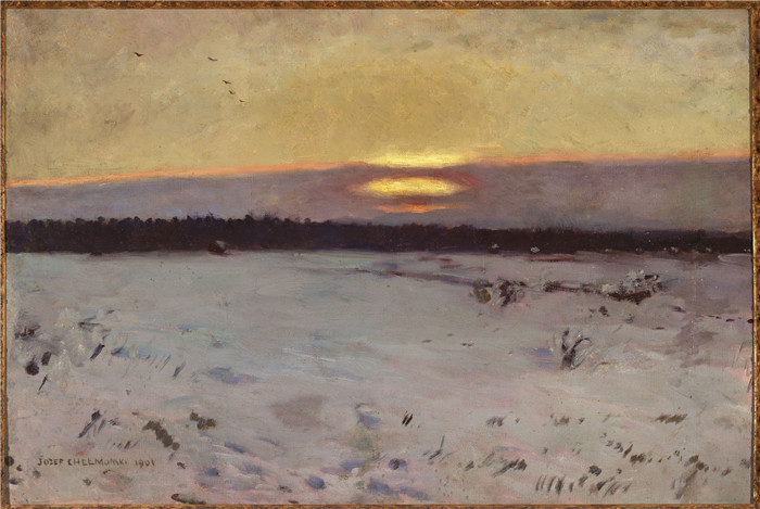 《冬日日落》约瑟夫·切尔蒙斯基(Józef Chełmoński)画作-Sunset in winter
