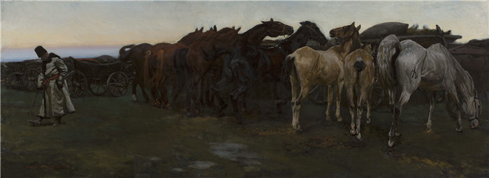 《马在休息》约瑟夫·切尔蒙斯基(Józef Chełmoński)画作- Horses at rest
