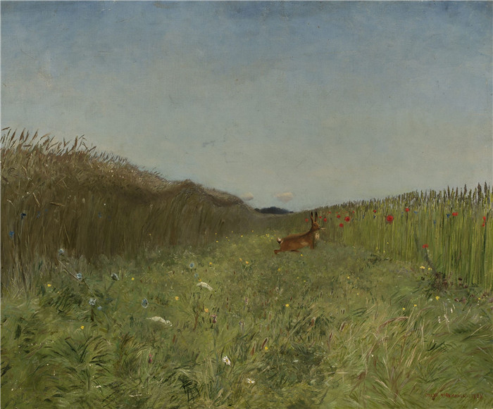 《谷物中的野兔》约瑟夫·切尔蒙斯基(Józef Chełmoński)画作-Hare in the grain -