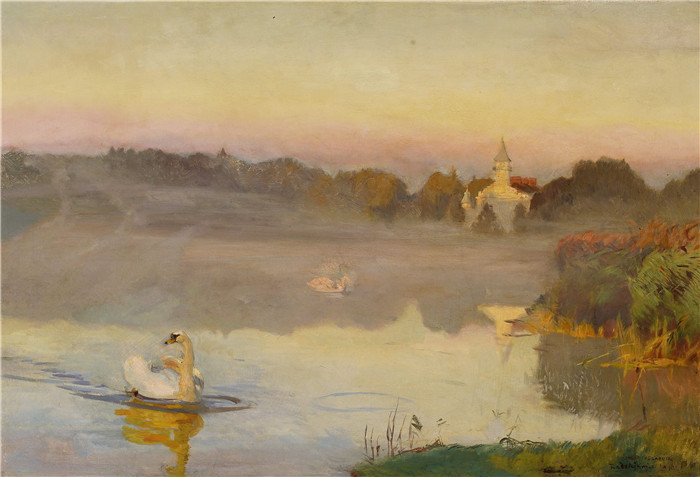 《拉德日沃维采池塘》约瑟夫·切尔蒙斯基(Józef Chełmoński)画作-Pond in Radziejowice