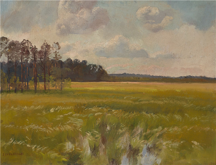 《森林下的草地》约瑟夫·切尔蒙斯基(Józef Chełmoński)画作-Łąka pod lasem