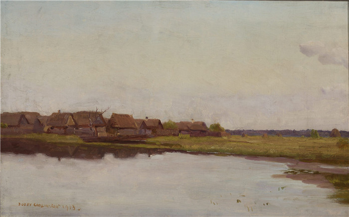 《水边村庄》约瑟夫·切尔蒙斯基(Józef Chełmoński)画作-Village at waterside