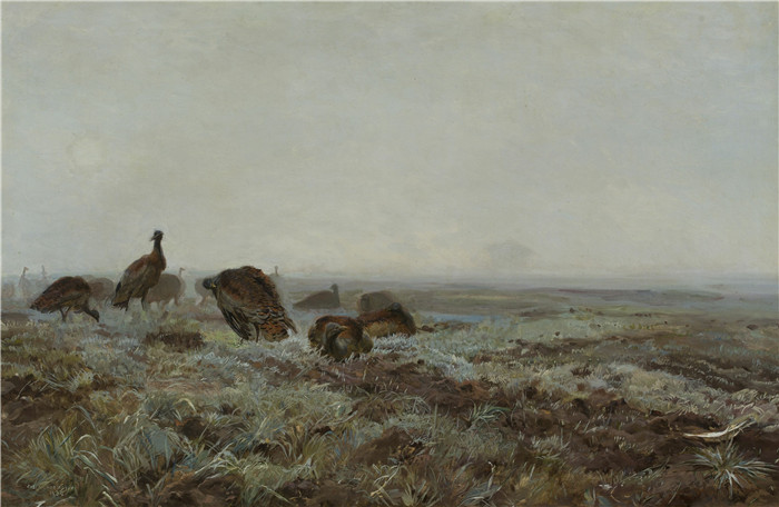 《沼泽的鸟》约瑟夫·切尔蒙斯基(Józef Chełmoński)画作-Bustards