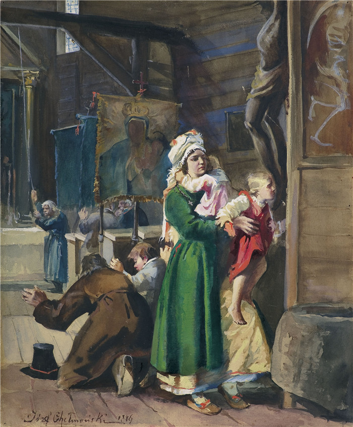 《乡村教堂》约瑟夫·切尔蒙斯基(Józef Chełmoński)画作-W wiejskim kościółku 1886