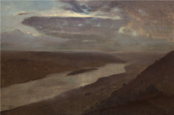 《夜晚的德涅斯特河》约瑟夫·切尔蒙斯基(Józef Chełmoński)画作-The Dniester River at Night