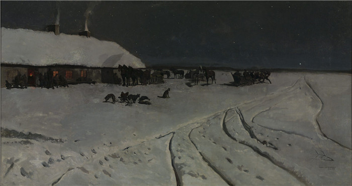 《乌克兰冬夜》约瑟夫·切尔蒙斯基(Józef Chełmoński)画作-Winter night in Ukraine