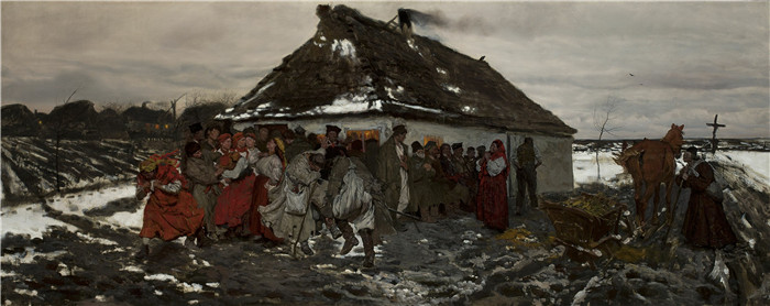 《在酒馆入口处》约瑟夫·切尔蒙斯基(Józef Chełmoński)画作-At the entrance to a tavern