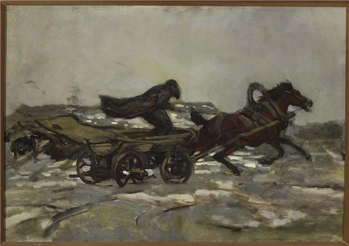 《犹太人驾驶的大车》约瑟夫·切尔蒙斯基(Józef Chełmoński)画作-Rushing cart driven by a Jew