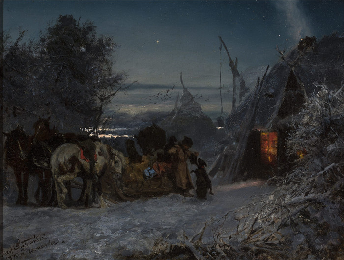 《夜晚在小屋前雪橇》约瑟夫·切尔蒙斯基(Józef Chełmoński)画作-Sleigh in front of a hut at night - MP 1894