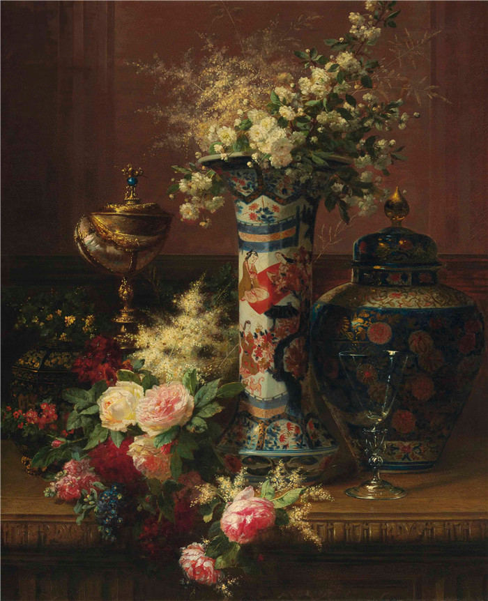 让-巴蒂斯特·罗比（Jean-Baptiste Robie）作品-日本花瓶里的玫瑰、牡丹