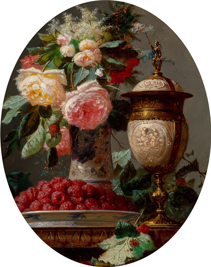 让-巴蒂斯特·罗比（Jean-Baptiste Robie）作品-静物画，玫瑰和一碗覆盆子