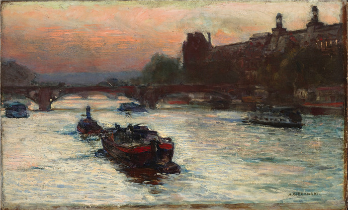 《塞纳河畔之夜》亚历山大·吉列姆斯基  （Aleksander Gierymski）-Evening by the River Seine, study