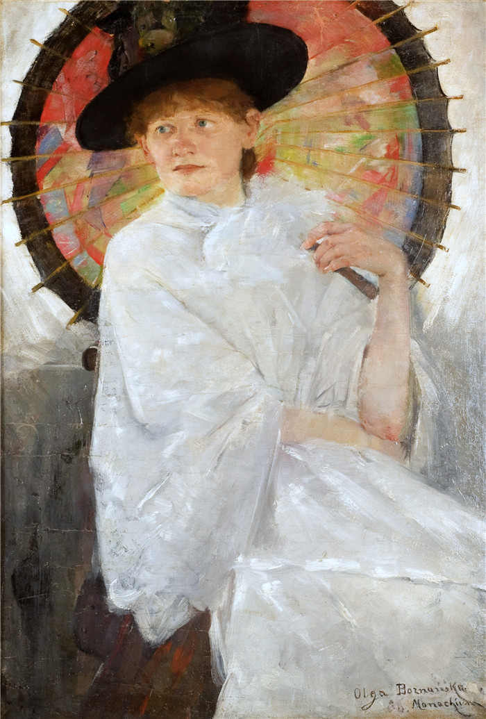 《戴伞的少女》奥尔加·博兹南斯卡 (Olga Boznańska)油画-1886 Mloda z parasolka