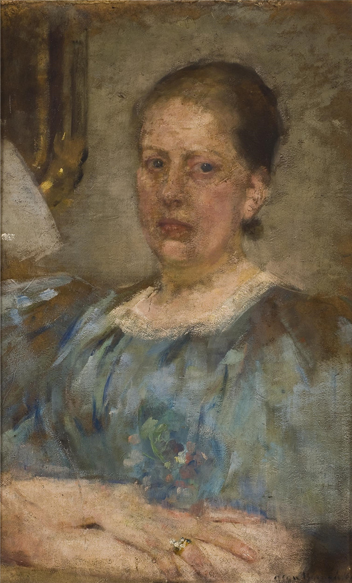 奥尔加·博兹南斯卡 (Olga Boznańska)油画-身着蓝色上衣的女性肖像