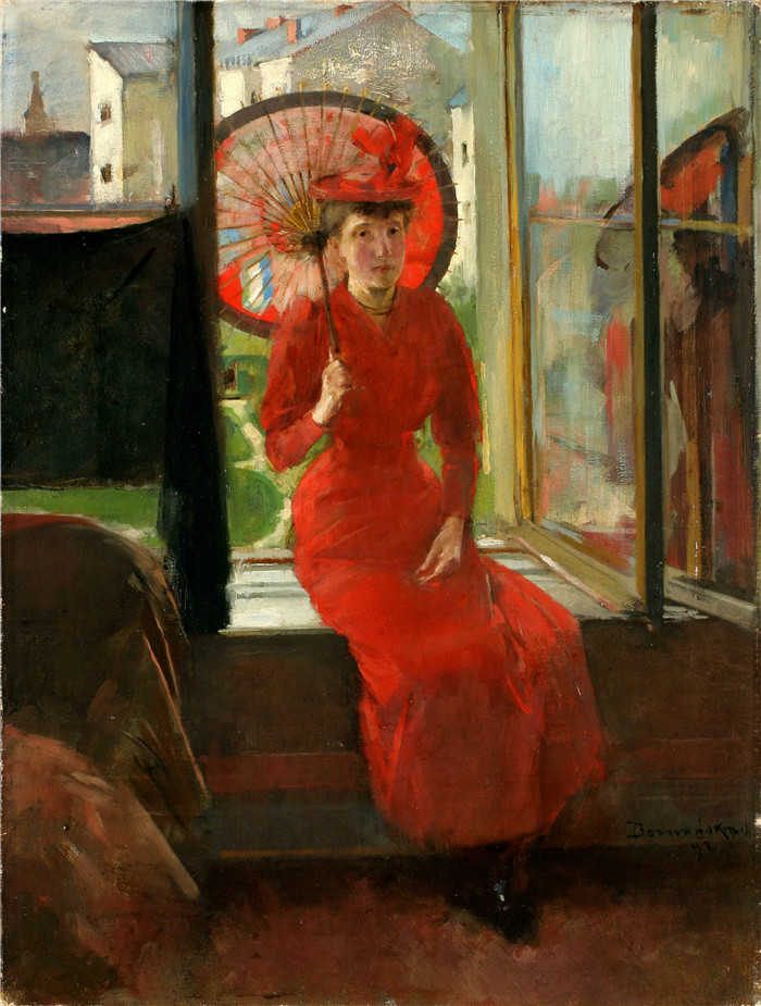 《日本自画像》奥尔加·博兹南斯卡 (Olga Boznańska)油画-1892 Autoportret japonski