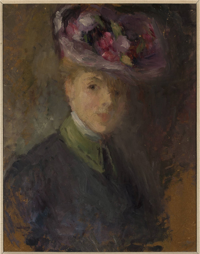 奥尔加·博兹南斯卡 (Olga Boznańska)油画-戴着鲜花帽子的女人的肖像