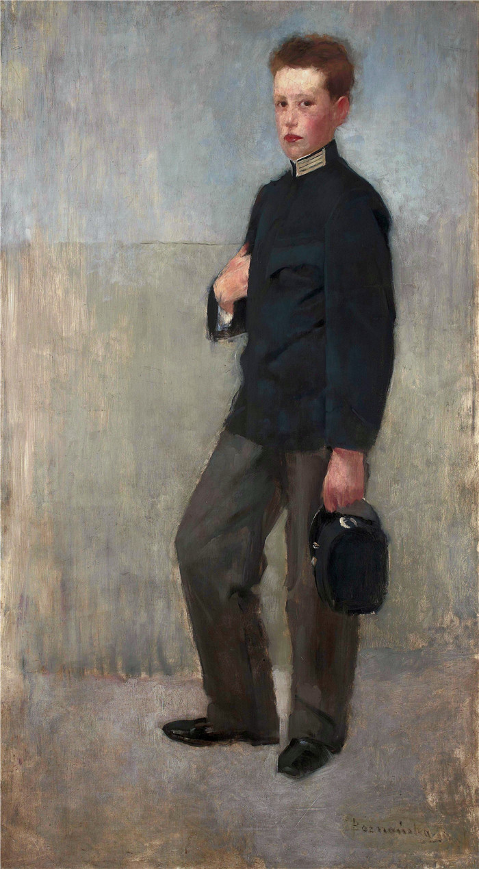 奥尔加·博兹南斯卡 (Olga Boznańska)油画-一个穿着中学校服的男孩的肖像