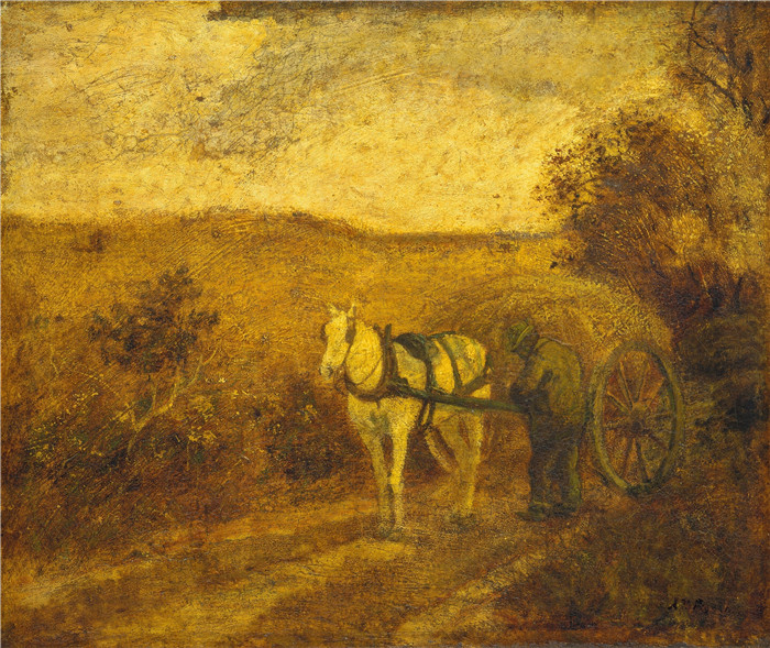 阿尔伯特·平克汉姆·莱德(Albert Pinkham Ryder)油画-修理背带Mending the Harness (1870s)