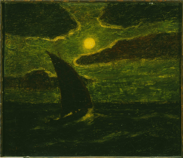 阿尔伯特·平克汉姆·莱德(Albert Pinkham Ryder)油画-月光下航行Sailing by Moonlight