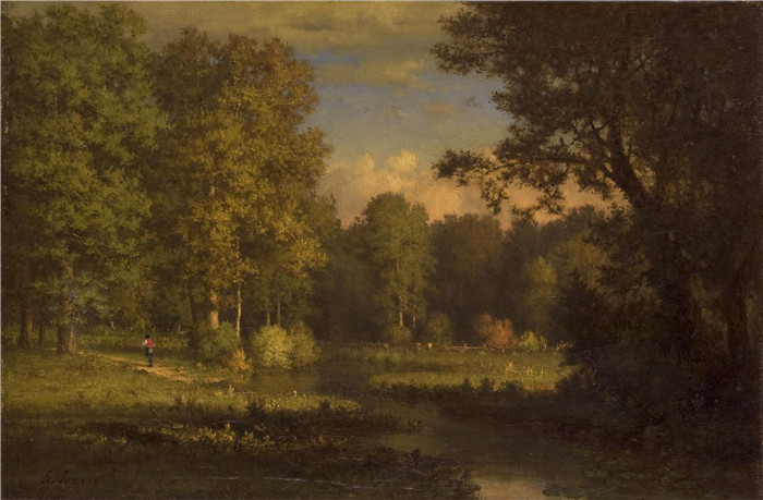 《溪流风景》乔治·英尼斯（George Inness）油画-Landscape with a Stream (1885)