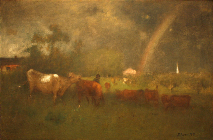 《特拉华河上的淋浴》乔治·英尼斯（George Inness）油画-Shower on the Delaware River (1891)