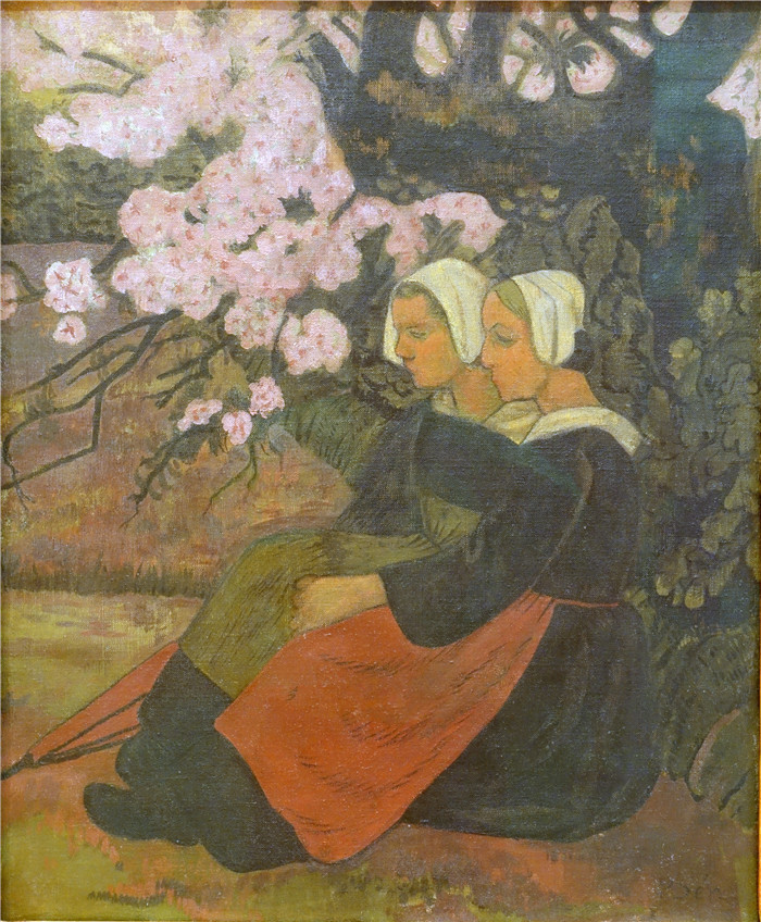 保罗·塞鲁塞尔(Paul Sérusier)作品-花中苹果树下的两个布列塔尼女人