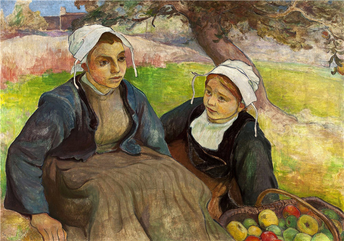 瓦迪斯瓦夫·斯莱温斯基（Władysław Ślewiński）作品-两个布列塔尼女人拿着一篮苹果