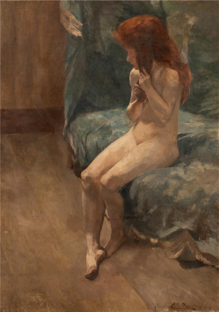 《年轻女性裸体》埃米尔·贝斯（Emile Baes）作品-Sitting young female nude