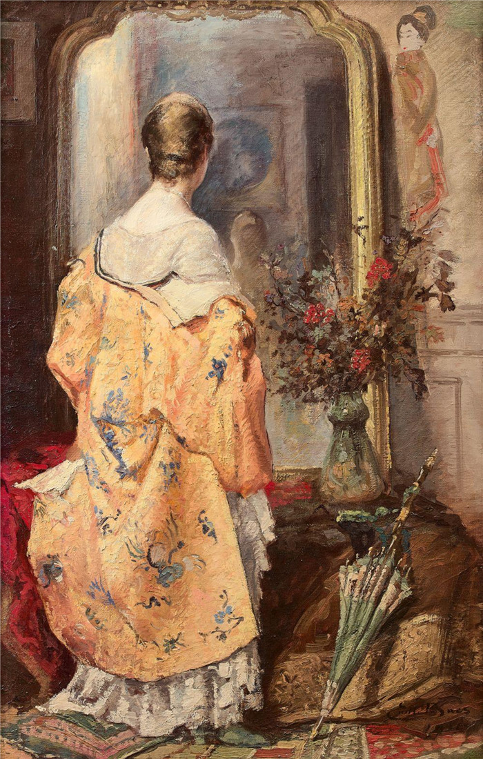 《镜子前的年轻女子》埃米尔·贝斯（Emile Baes）作品-Young woman before a mirror