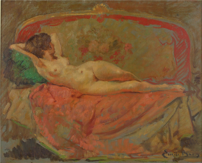 《裸体坐在沙发上》埃米尔·贝斯（Emile Baes）作品-Nude on a canape