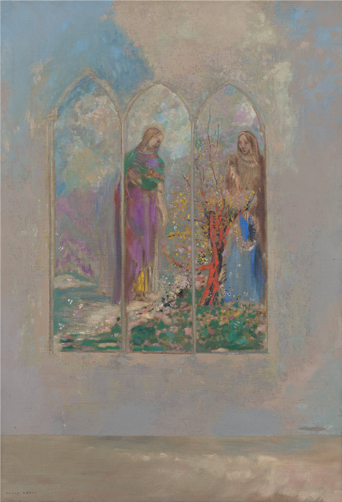 奥迪隆·雷顿(Odilon Redon)作品-红灌木旁的奉献Devotion near a red bush